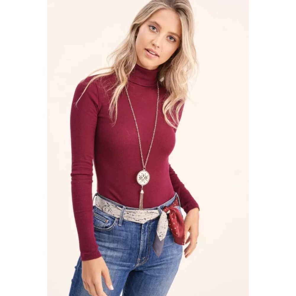 SOLD OUT Burgundy Basic Soft Thin Ribbed Turtleneck Top - Picture 2 of 4